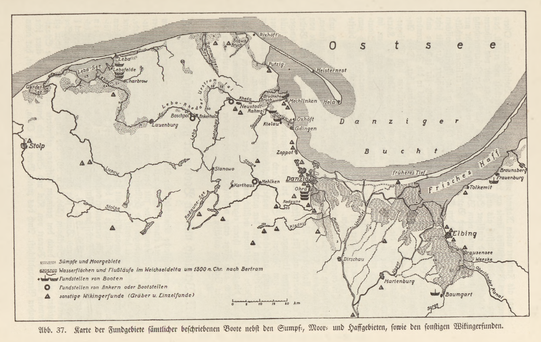 Mapa z zaznaczonymi znaleziskami łodzi (w tym z Rumi), O. Lienau, Die Bootsfunde von Danzig-Ochr aus der Wikingerzeit, Danzig 1934