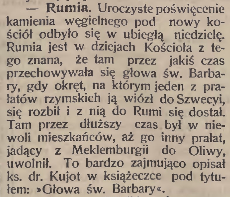 Fragment artykułu informującego o wmurowaniu kamienia węgielnego pod fundamenty kościoła, Gazeta Toruńska, czerwiec 1913 r.