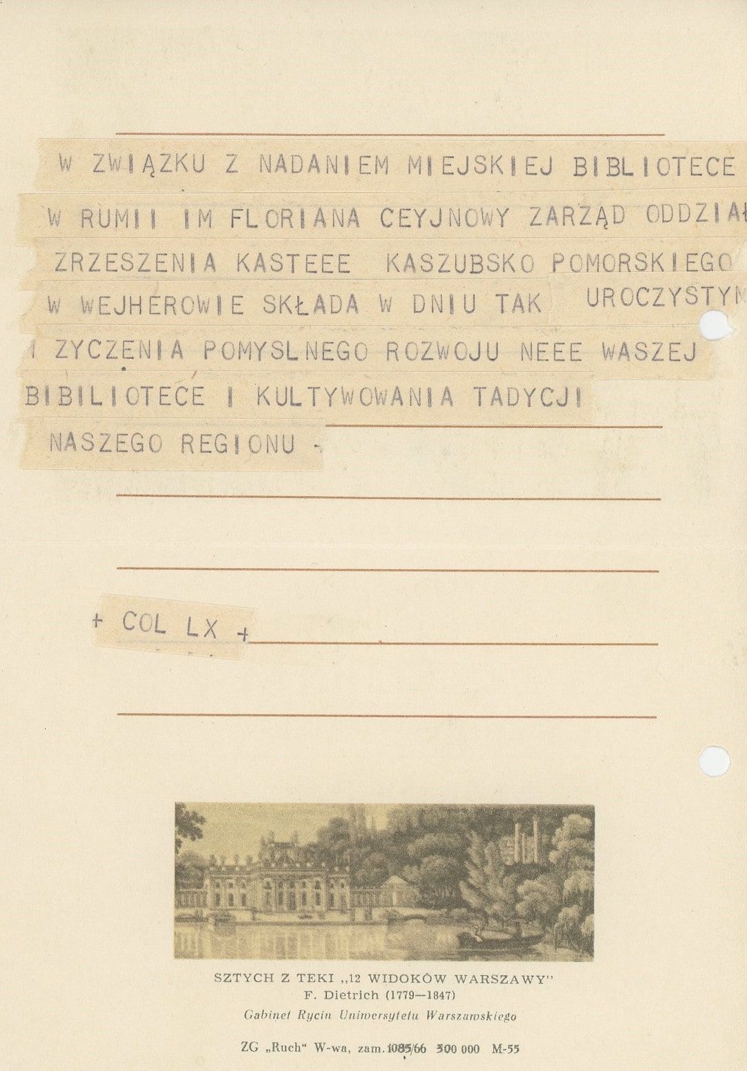 Telegram wysłany z okazji nadania bibliotece imienia Floriana Ceynowy, ze zbiorów MBP Rumia
