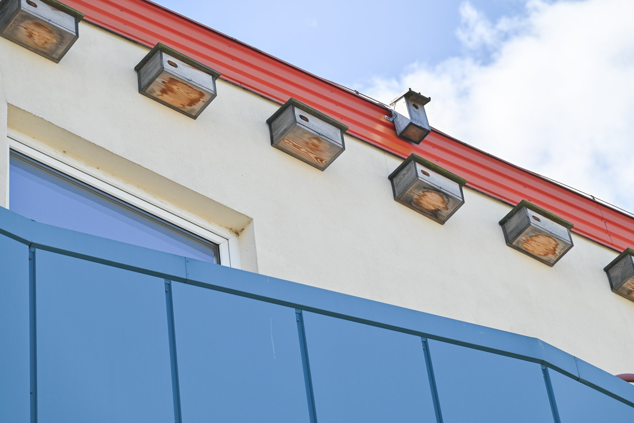 Budki dla jerzyków znajdujące się na budynku MOSiR-u