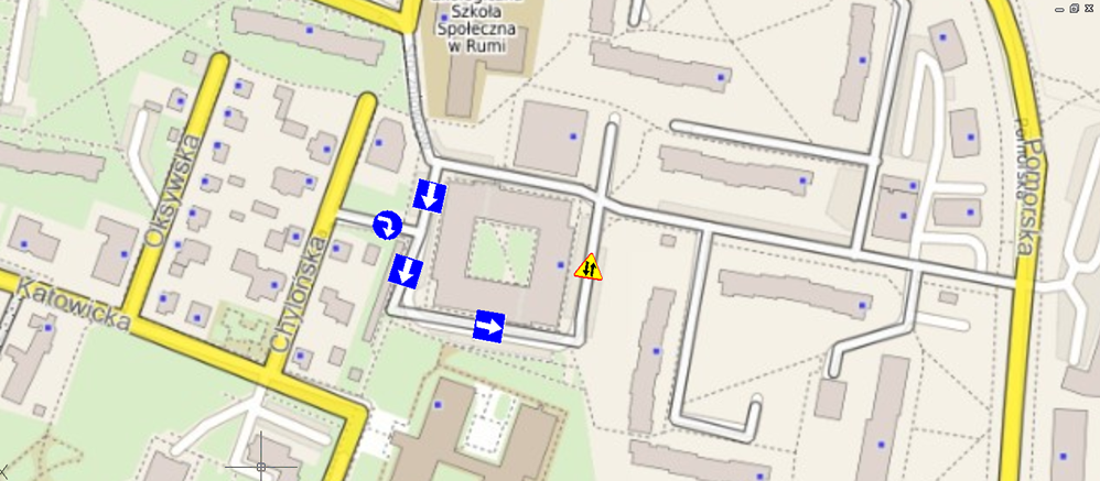 Mapka przedstawiająca aktualną organizację ruchu w rejonie ul. Pomorskiej