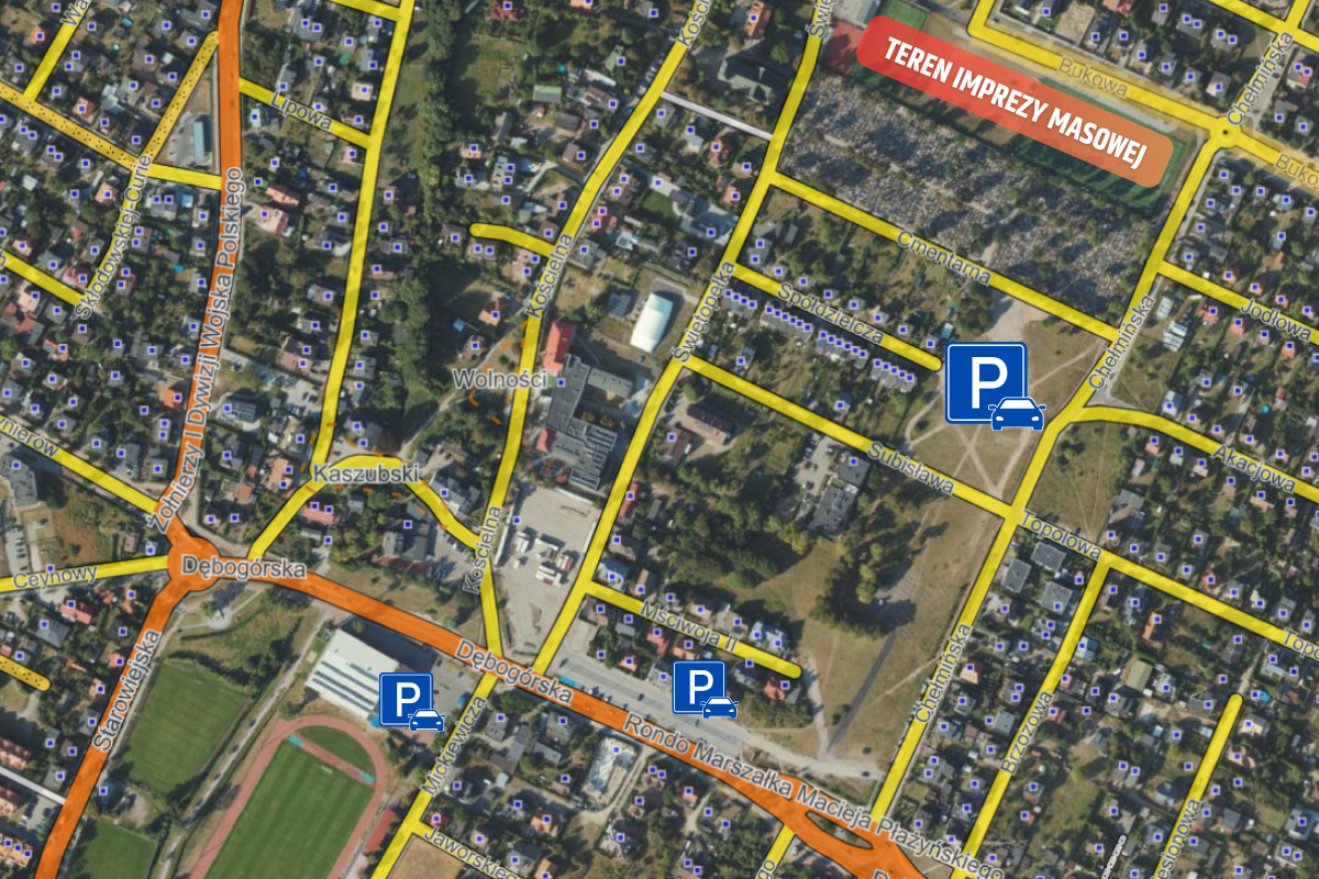 Mapka przedstawiająca bezpłatne parkingi zlokalizowane w pobliżu imprezy masowej
