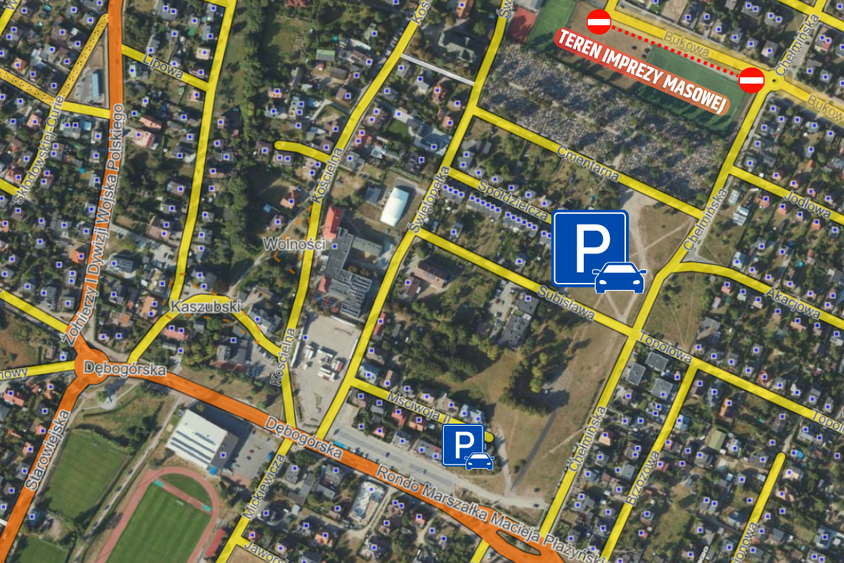 Mapka przedstawiająca bezpłatne parkingi zlokalizowane w pobliżu imprezy masowej oraz odcinek wyłączony z ruchu