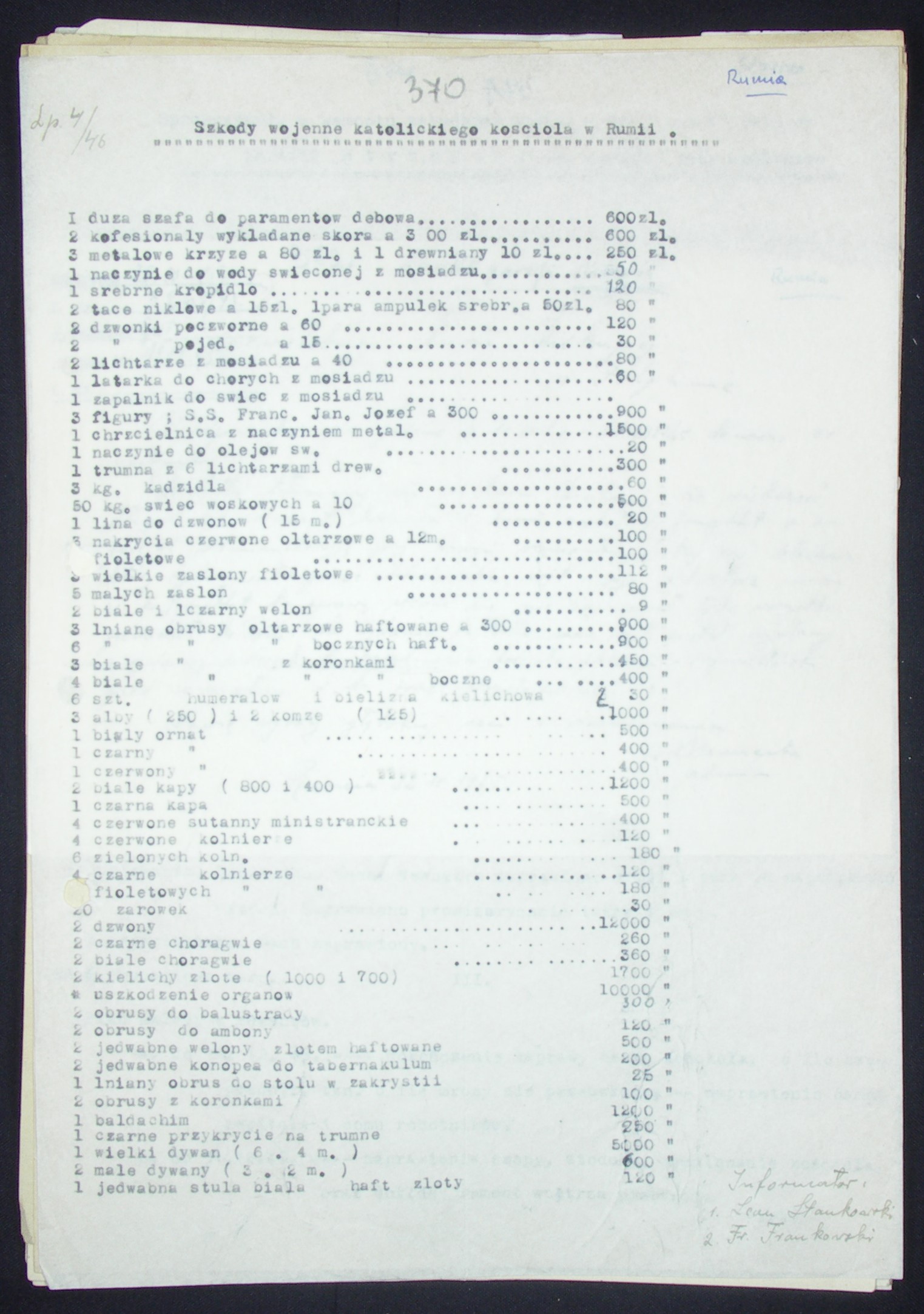 Sprawozdanie z wymienionymi szkodami wojennymi doznanymi przez parafię w Rumi, 1945, zbiory Archiwum Archidiecezjalnego w Pelplinie