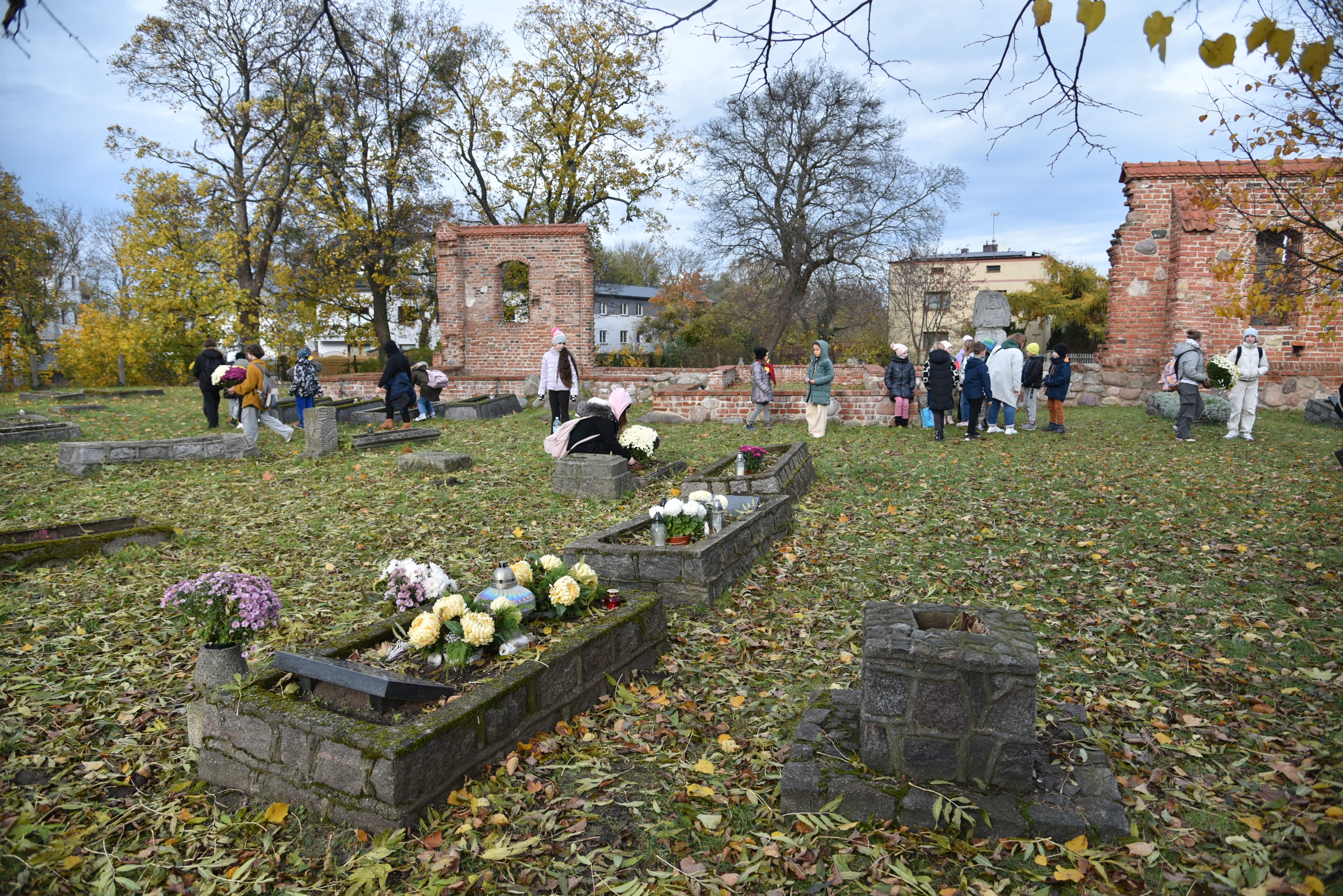 Uczniowie Jedynki rozstawiają kwiaty na zabytkowym cmentarzu przy ruinach kościoła