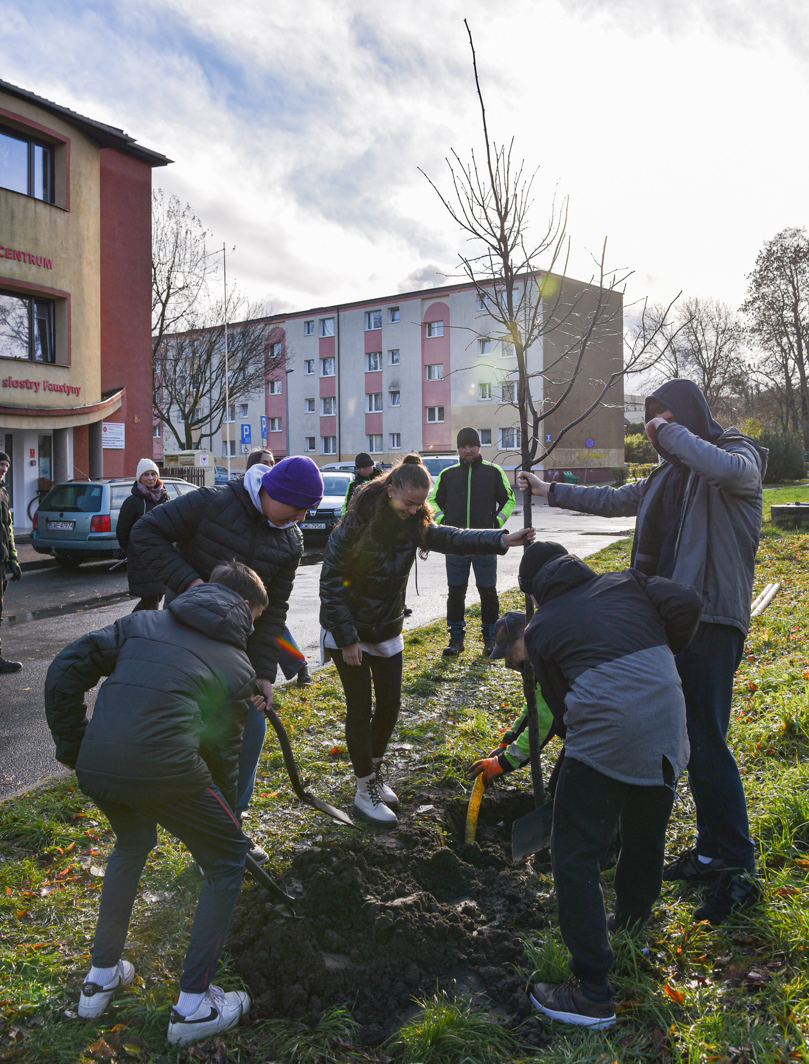 Uczniowie I LO w Rumi podczas sadzenia drzew okolicznościowych przy ul. Gierosa