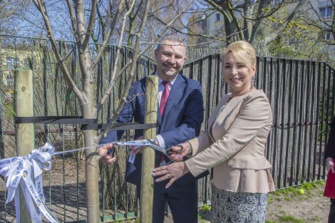 Uroczyste odsłonięcie podarowanego drzewa przez pełniącą obowiązki dyrektora szkoły Ewę Hołownię oraz burmistrza Michała Pasiecznego