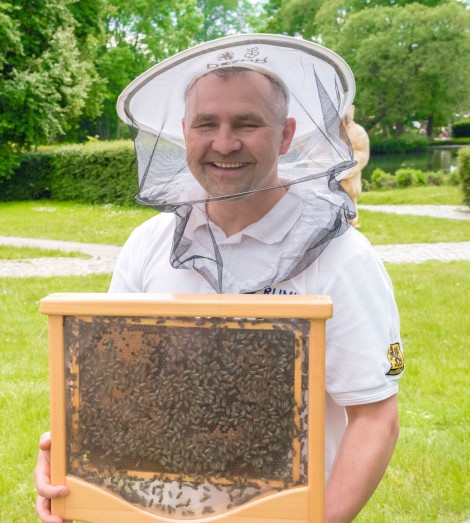 Burmistrz Michał Pasieczny przy stanowisku z pszczołami