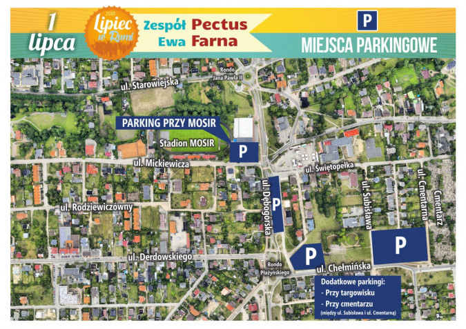 Mapa miejsc parkingowych na 1 lipca – koncert zespołu Pectus i Ewy Farnej