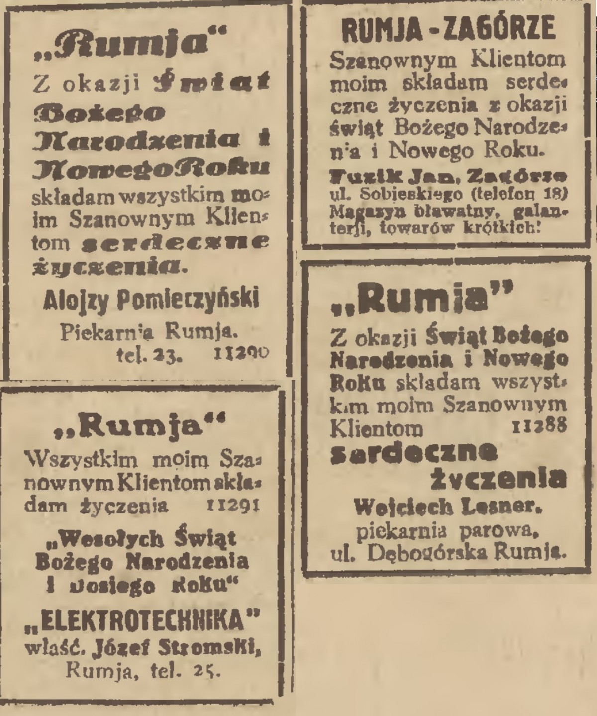 Świąteczne życzenia przedsiębiorców z Rumi zamieszczone w Gazecie Gdańskiej z 1935 roku